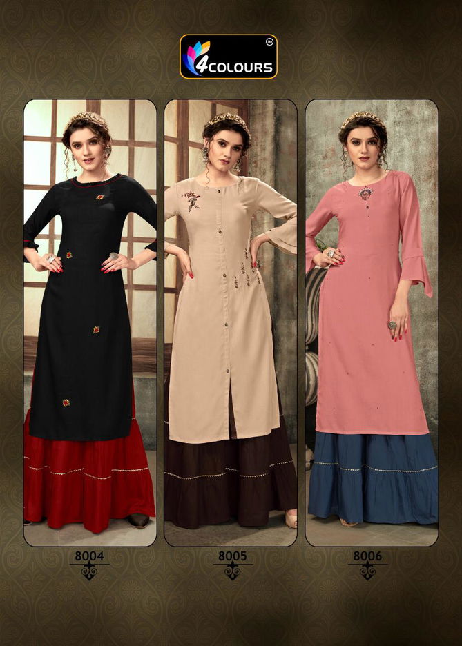 4Colours Zulfat Fancy Casual Wear Rayon Slub With Embroidery Work Kurti With Bottom Collection